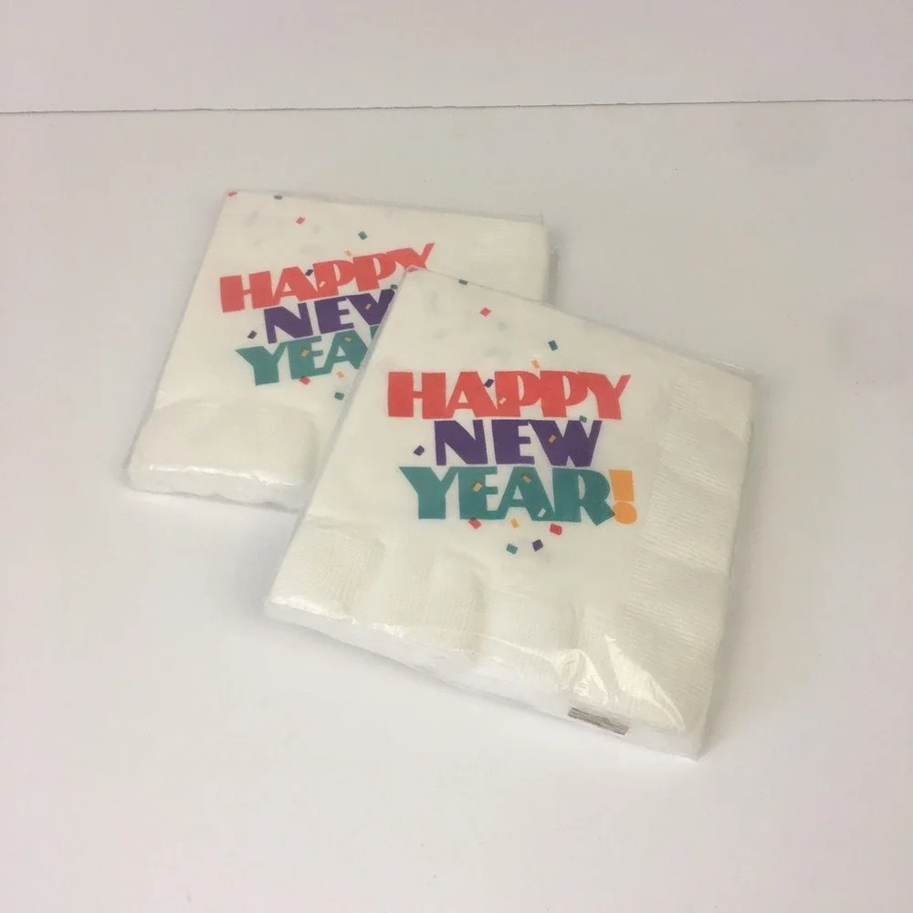 Hallmark Happy New Year‎ Vtg White Napkins Colorful 80s 90s Font 2 Packs Sealed